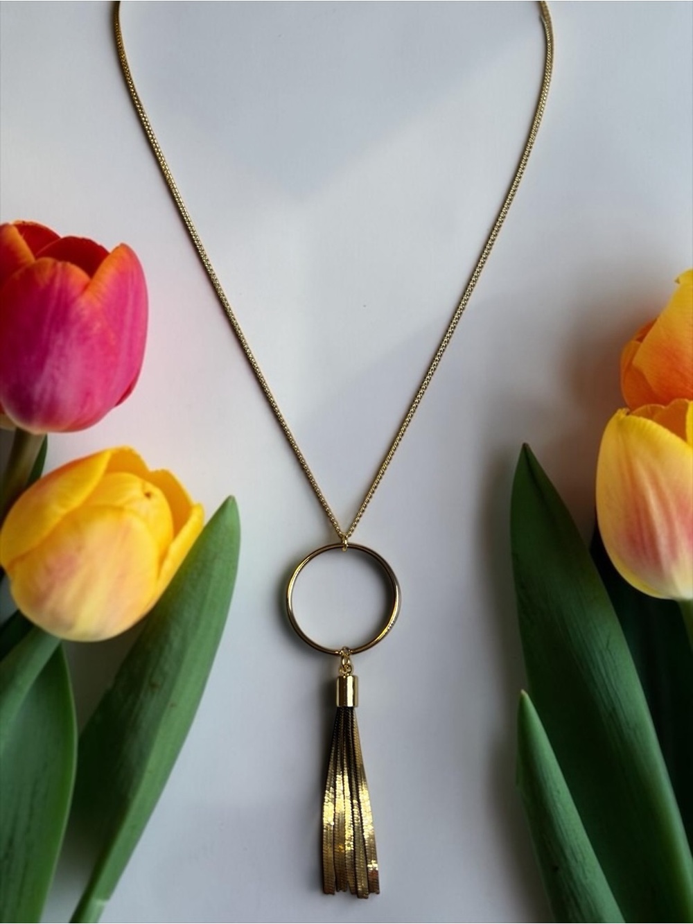 Gold Long Two Tone Black/Gold Tassel Circle Pendant Necklace - Women Jewelry